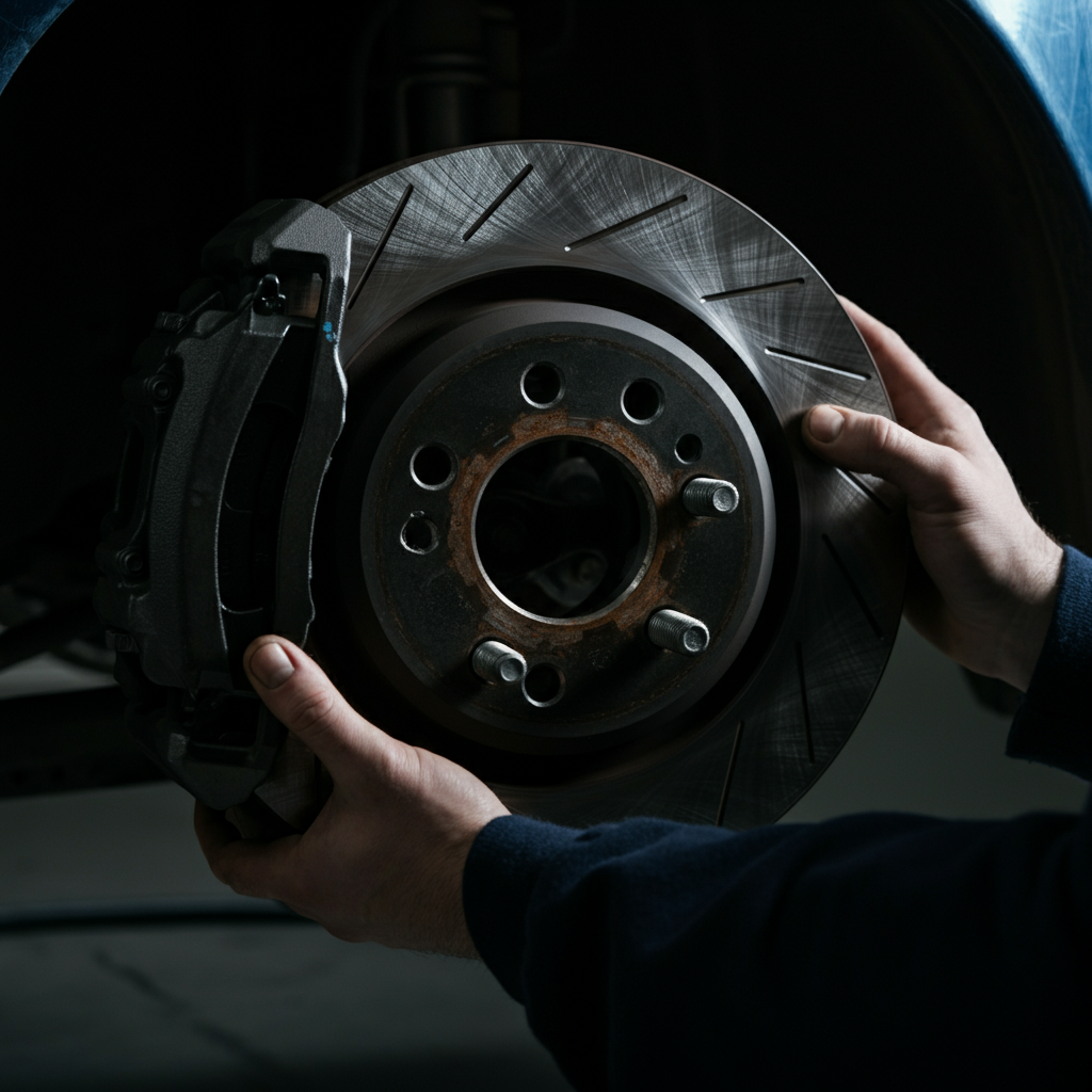 Close-up of a mechanic's hands inspecting a brake rotor. The lighting is diffused, showing the texture of the rotor surface and the brake pads.