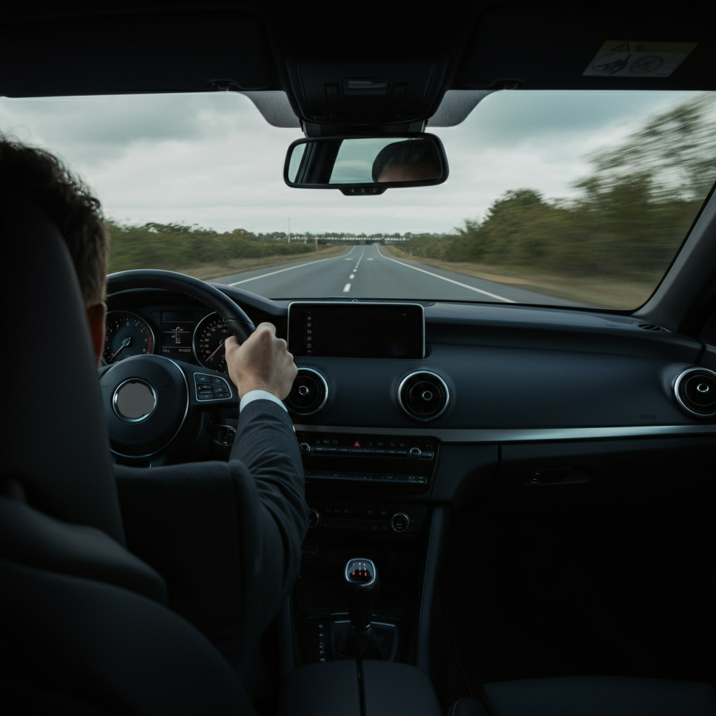 A person driving a car on a quiet road. The focus is on the driver's hands on the steering wheel and the road ahead. The lighting is natural, capturing the movement of the car.