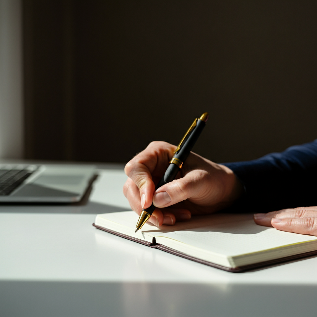 A close-up of a hand writing in a notebook with a pen, bathed in soft, natural light from a nearby window. The notebook rests on a clean, modern desk with a laptop slightly blurred in the background.