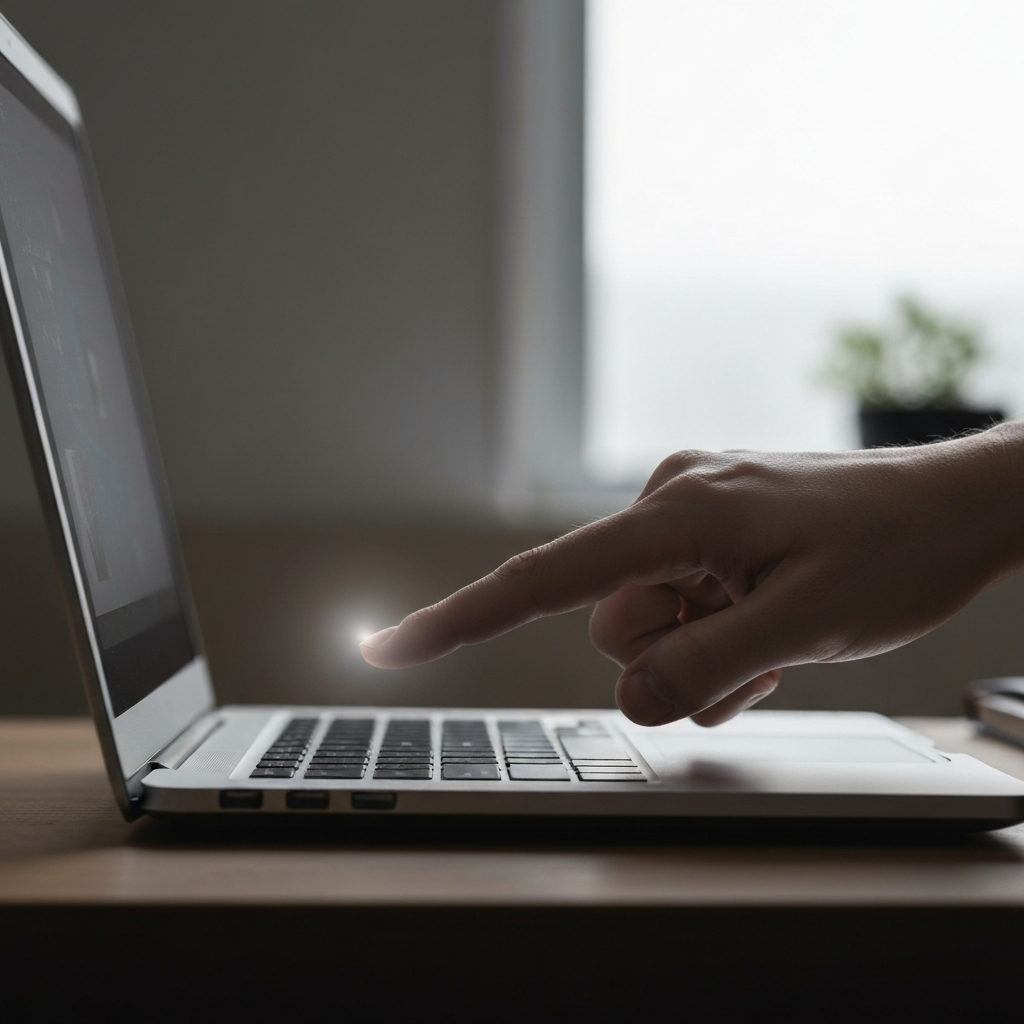 A side-lit shot of a hand pressing the power button on a sleek laptop, showcasing the subtle texture of the brushed aluminum casing. The room is dimly lit, with a soft glow emanating from the laptop screen.