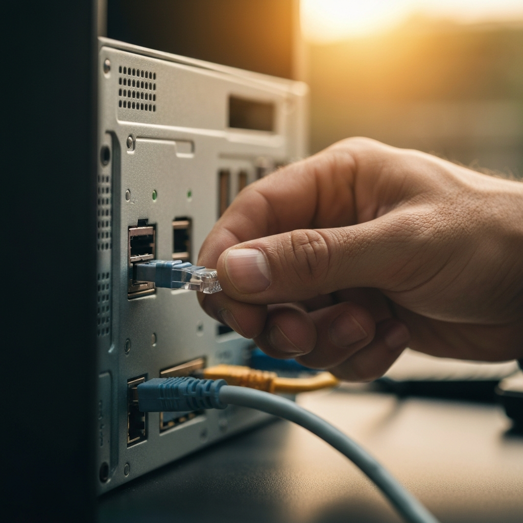 Close-up shot of a hand carefully plugging an Ethernet cable into the back of a desktop computer. Focus is on the tactile feeling of the click, with soft bokeh on the surrounding ports and cables.