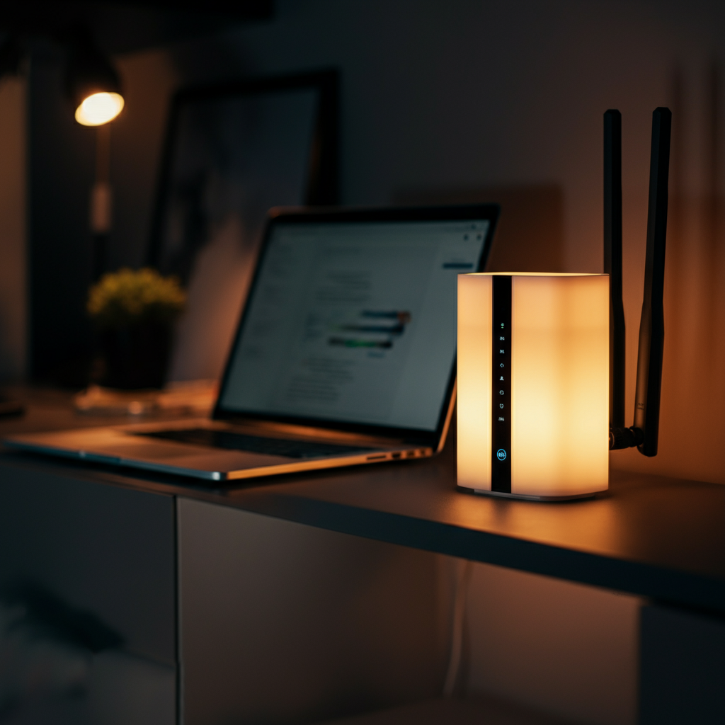 A modern home office setup with a wireless router prominently displayed on a shelf, emitting a soft, ambient light. A laptop is open in the foreground, connected to the Wi-Fi network, with a blurred background showcasing a comfortable workspace.