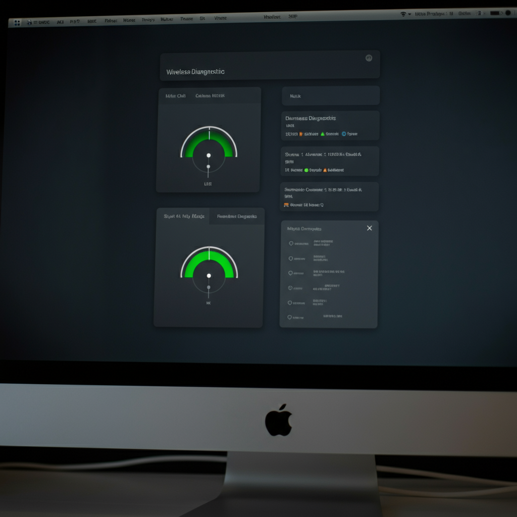A close-up shot of a computer screen displaying the macOS Wireless Diagnostics tool, with various diagnostic tests running in the background. The screen is softly illuminated, creating a focused and professional atmosphere.
