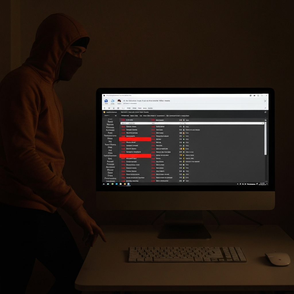 A computer screen displaying the results of a full system scan by antivirus software, with a list of detected threats highlighted in red. The room is dimly lit, creating a sense of urgency and focus on the scanning process.