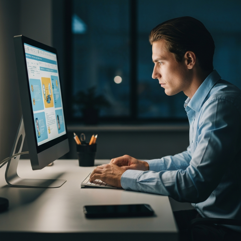 A person sitting at a desk, illuminated by the glow of a computer screen, researching troubleshooting tips online. The scene captures the focused expression and the vast amount of information available at their fingertips.