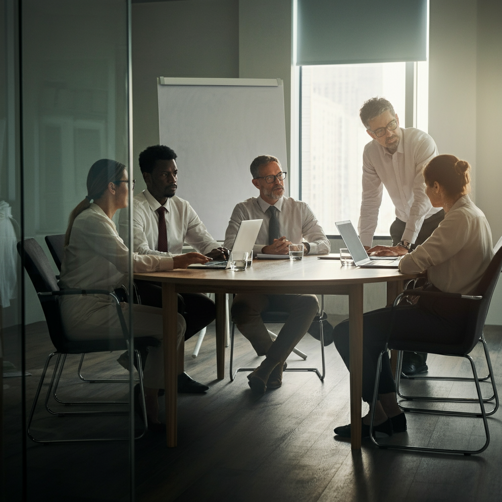 A group of diverse professionals collaborating in a well-lit conference room. Natural light streams through a large window, illuminating their faces. Subtle textures of the table and chairs add depth.