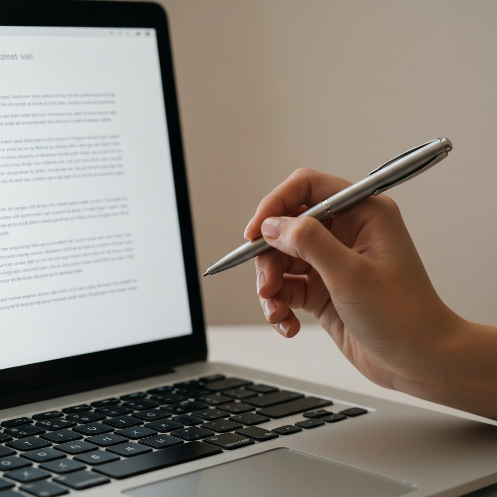 A hand holding a pen edits a document on a laptop screen. The screen displays clean, well-formatted text. Soft lighting from the laptop illuminates the hand and pen.