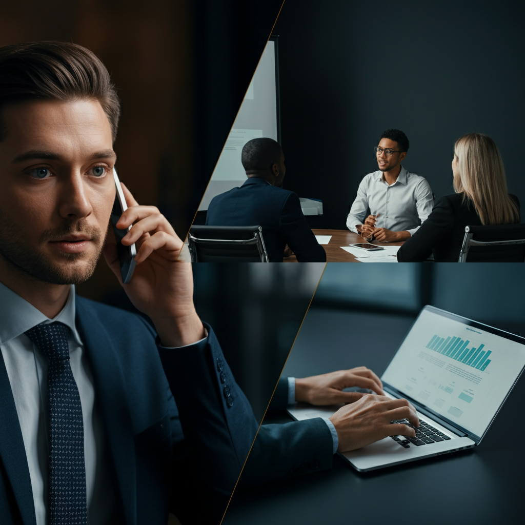 A split-screen showing three communication scenarios: a person talking on a phone with a headset, a person presenting to a small group in a conference room, and a person typing an email on a laptop. Even, professional lighting across all scenes.