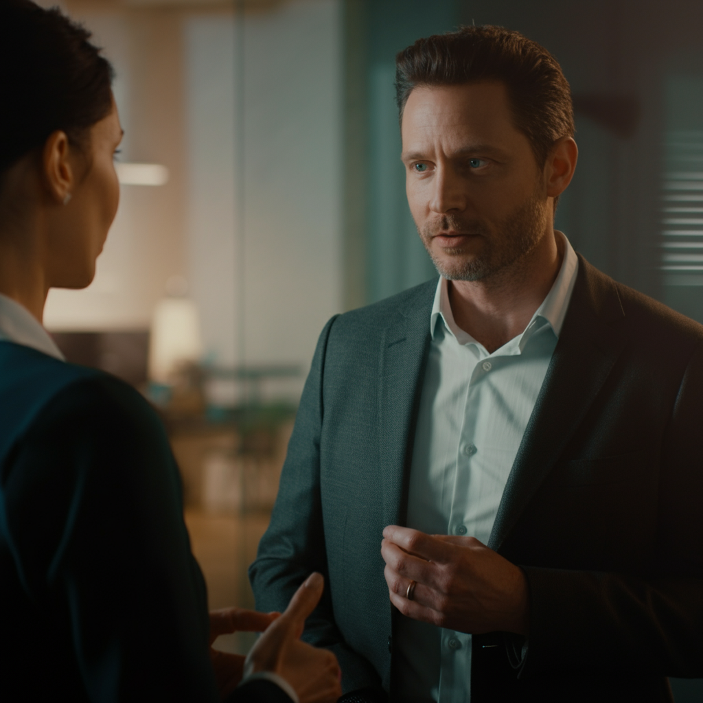 Two colleagues engaged in a conversation. One is actively listening, leaning slightly forward and making eye contact. The background is a blurred office setting. Soft, diffused lighting avoids harsh shadows.