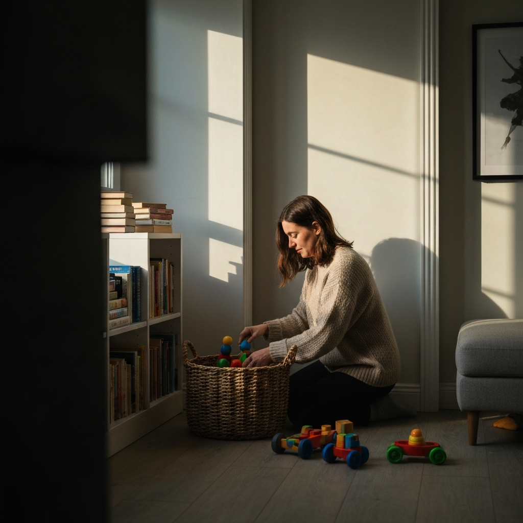 Softly-lit living room corner. A woman in a cozy sweater kneels next to a wicker basket sorting through children's toys. Natural light streams in through a window, casting long shadows. A stack of books is neatly arranged on a nearby shelf. 