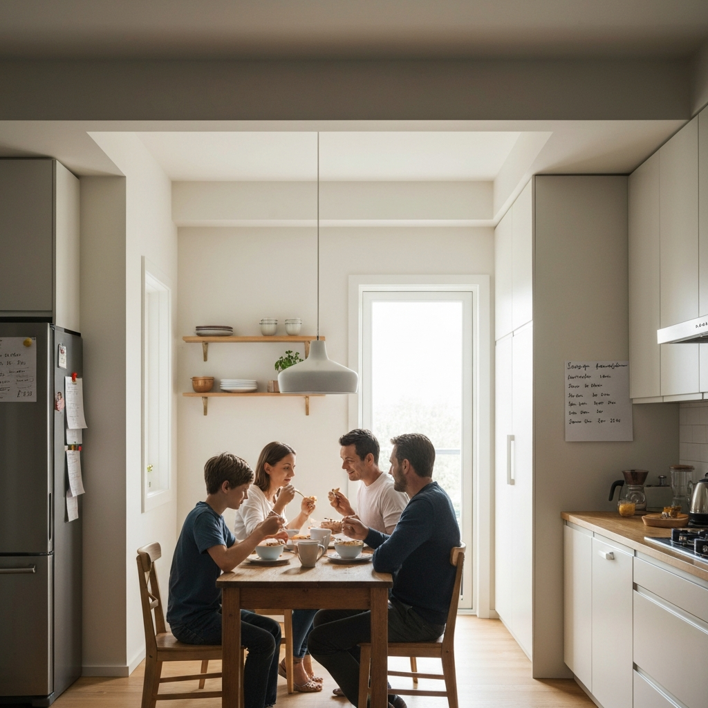 A brightly lit kitchen during breakfast time. A family of four is seated around a wooden table, eating cereal. A handwritten schedule is posted on the refrigerator door. Warm morning light filters through the window.