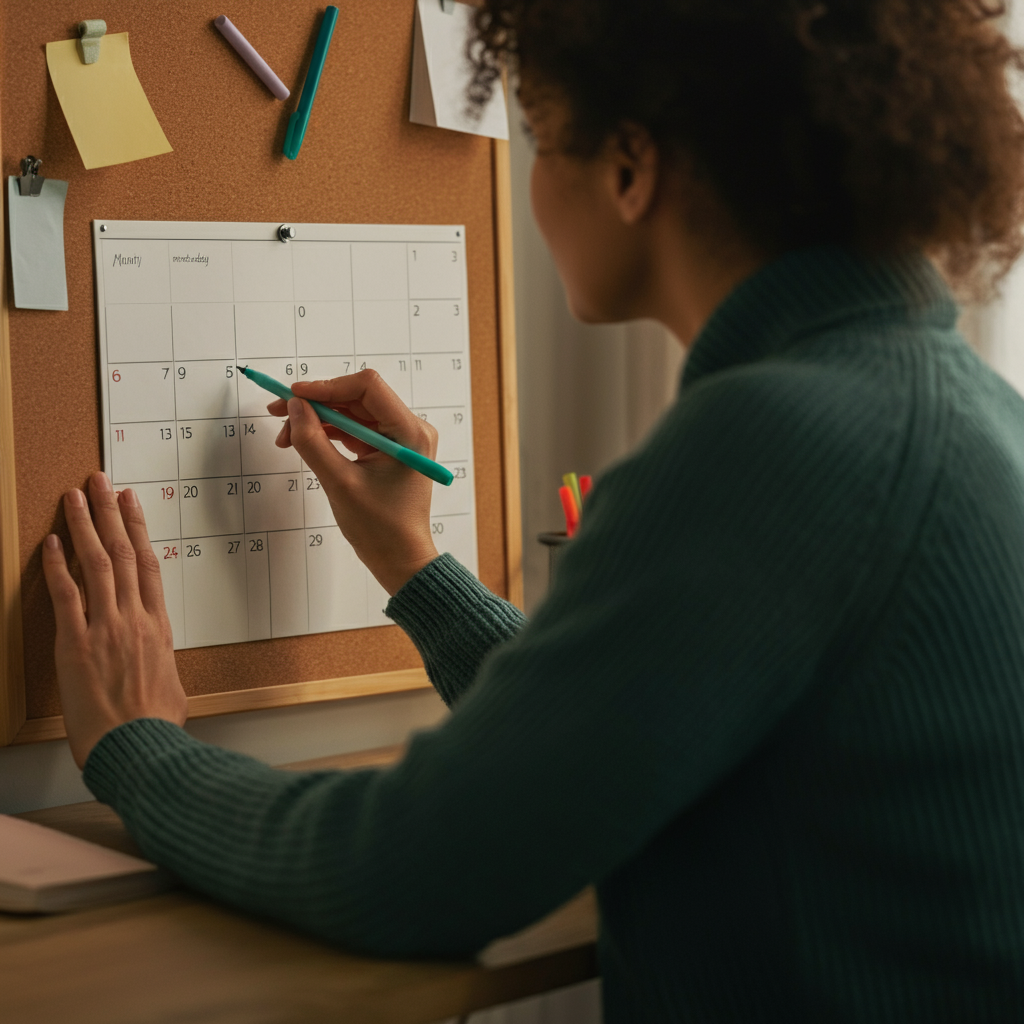 A well-organized family calendar hanging on a corkboard. Colored pens are used to differentiate between family members' activities. A woman sits at a desk nearby, thoughtfully reviewing the calendar with a pen in hand. Soft bokeh in the background.