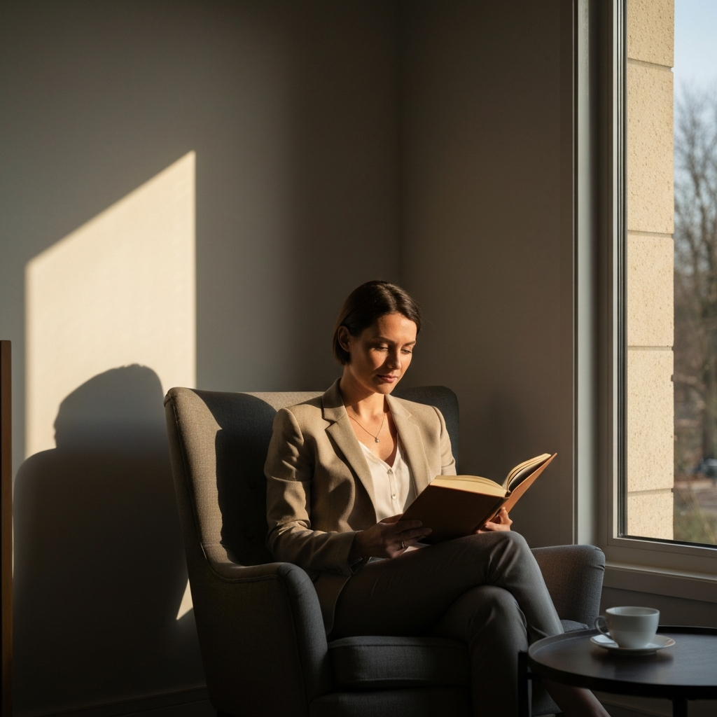 A woman sitting in a comfortable armchair near a window, reading a book. Soft, golden hour lighting illuminates her face. A cup of tea sits on a nearby table.