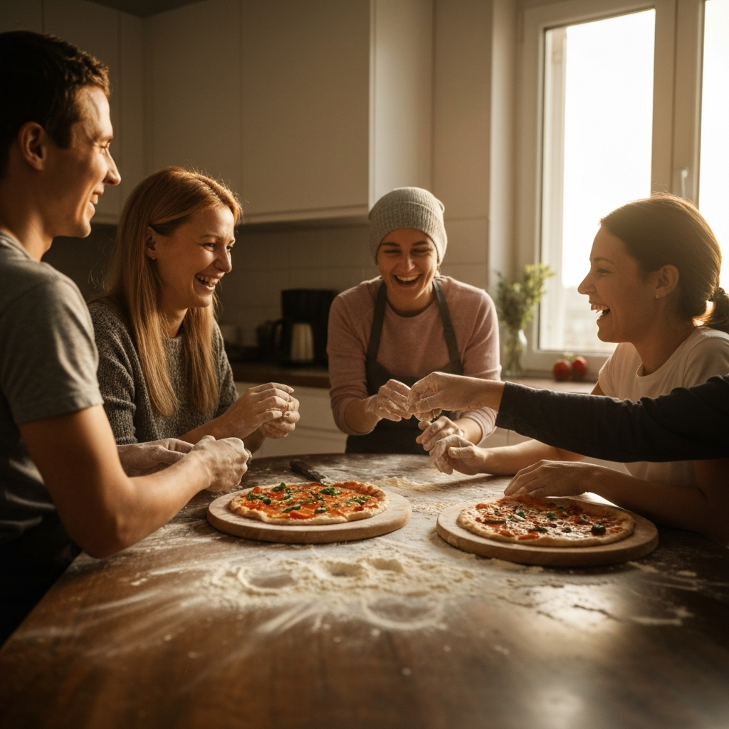 A family gathered around a kitchen table, laughing and making pizza together. Flour is scattered on the table, and the atmosphere is lighthearted and fun. The scene is lit with warm, natural light.