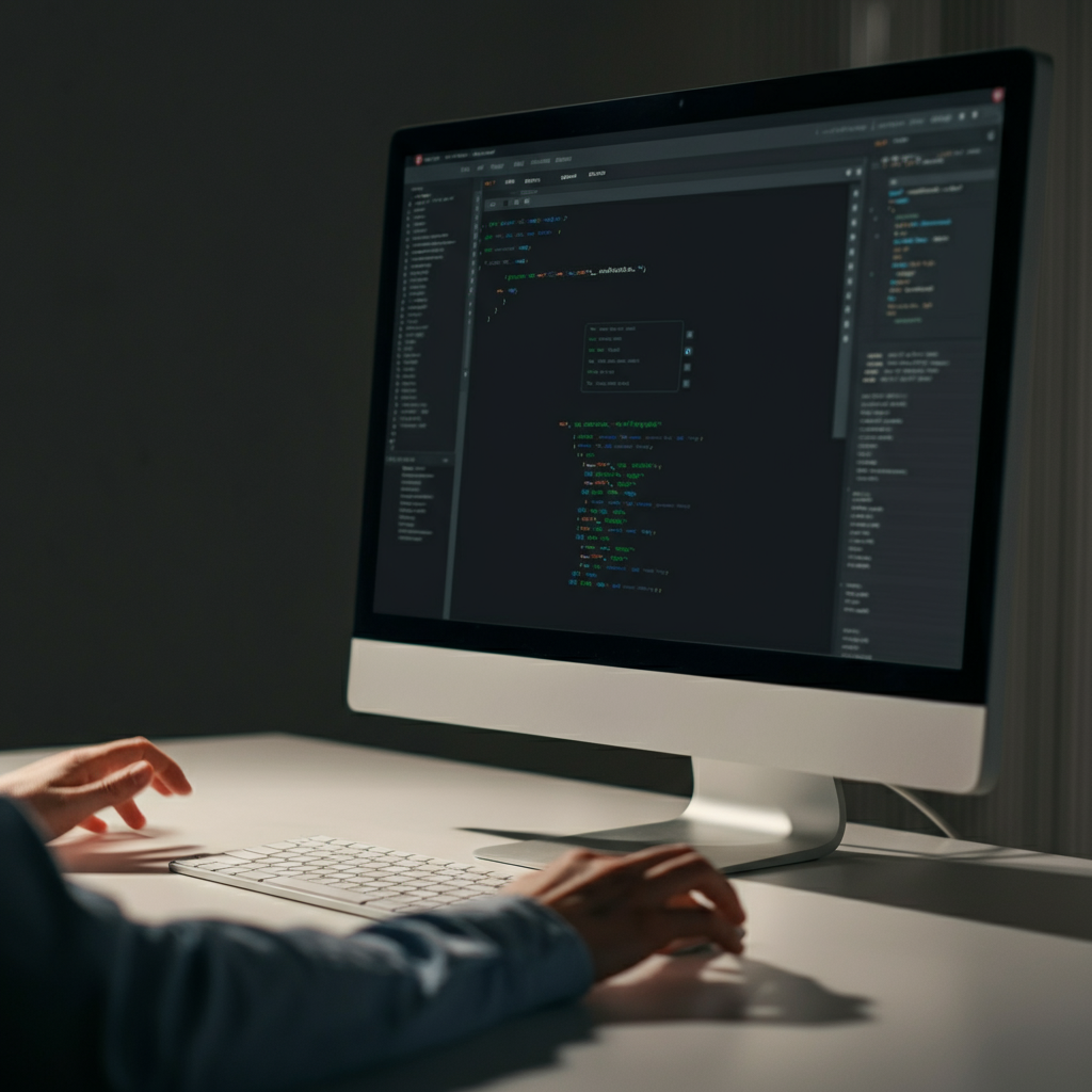 A side-lit shot of a computer screen displaying a simple user interface, with a developer's hands typing code on a keyboard. The screen reflection softly illuminates their face, suggesting concentration and focus.