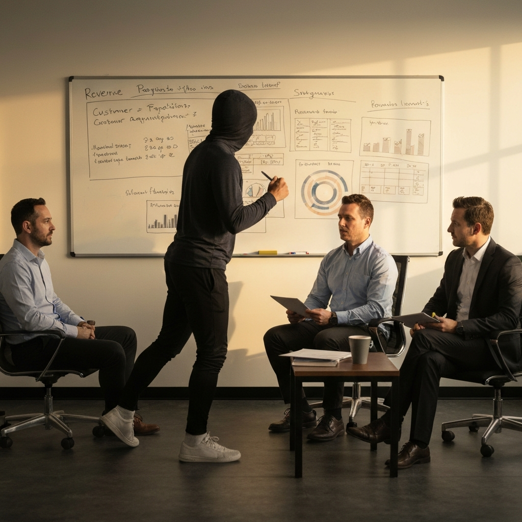 A brightly lit office space with a whiteboard covered in revenue projections and customer acquisition strategies. A group of entrepreneurs in business casual attire is gathered around, engaged in a brainstorming session.