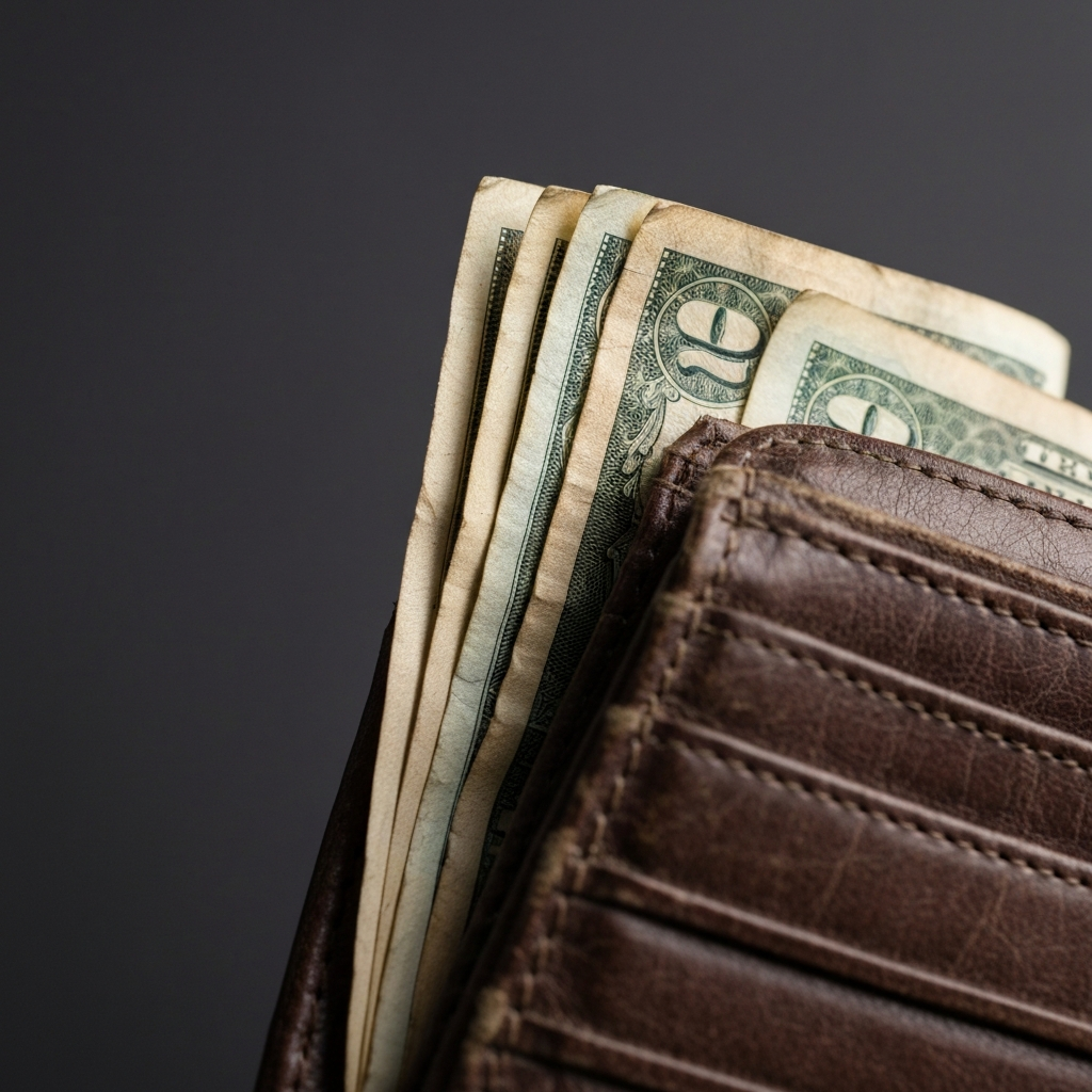 A macro shot of a worn-out wallet containing only a few bills, emphasizing texture and wear. The lighting is soft and diffused, creating a sense of financial constraint.