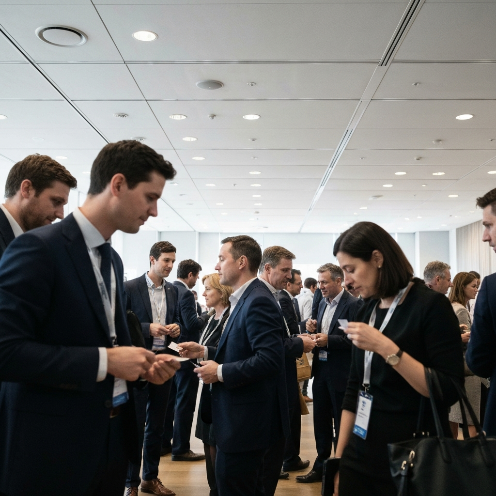 A low-angle shot of a crowded conference hall filled with people networking and exchanging business cards. The lighting is bright and energetic, conveying a sense of excitement and opportunity.
