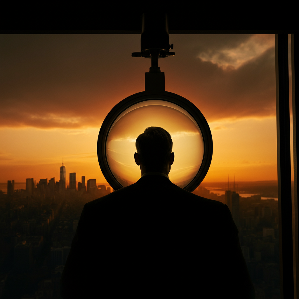 Golden hour lighting on a silhouette of an entrepreneur looking out over a cityscape, suggesting resilience and determination. The sky is filled with warm colors, creating a sense of hope and possibility.