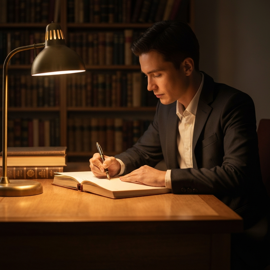 A person sitting at a wooden desk, illuminated by a warm lamp. They are writing in a leather-bound journal with a fountain pen. The background is softly blurred, showing bookshelves filled with old books.
