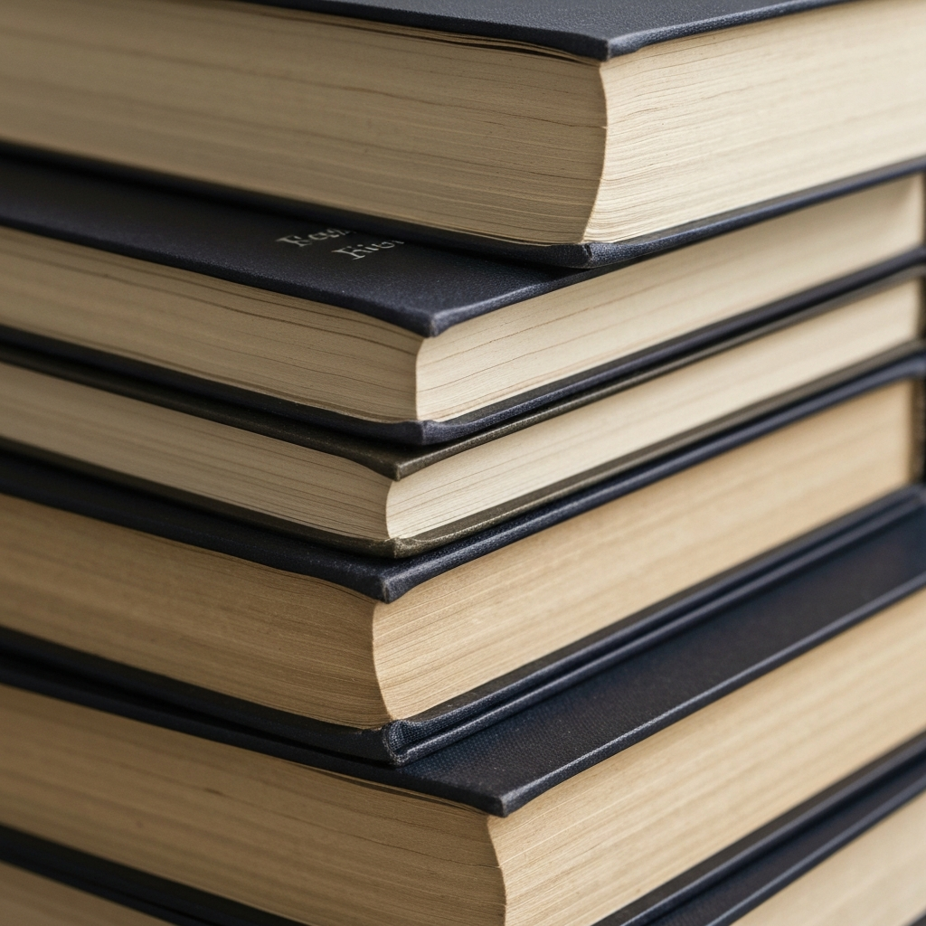 A close-up shot of several worn philosophy books stacked on top of each other. The edges of the pages are slightly yellowed and the lighting is soft and diffused.