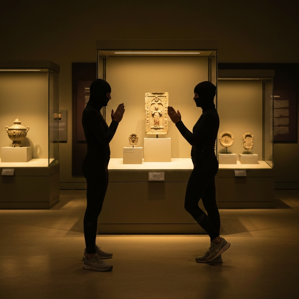 A person in a museum gallery, standing respectfully in front of a display case containing ancient religious artifacts. The lighting is carefully controlled to highlight the details of the artifacts.