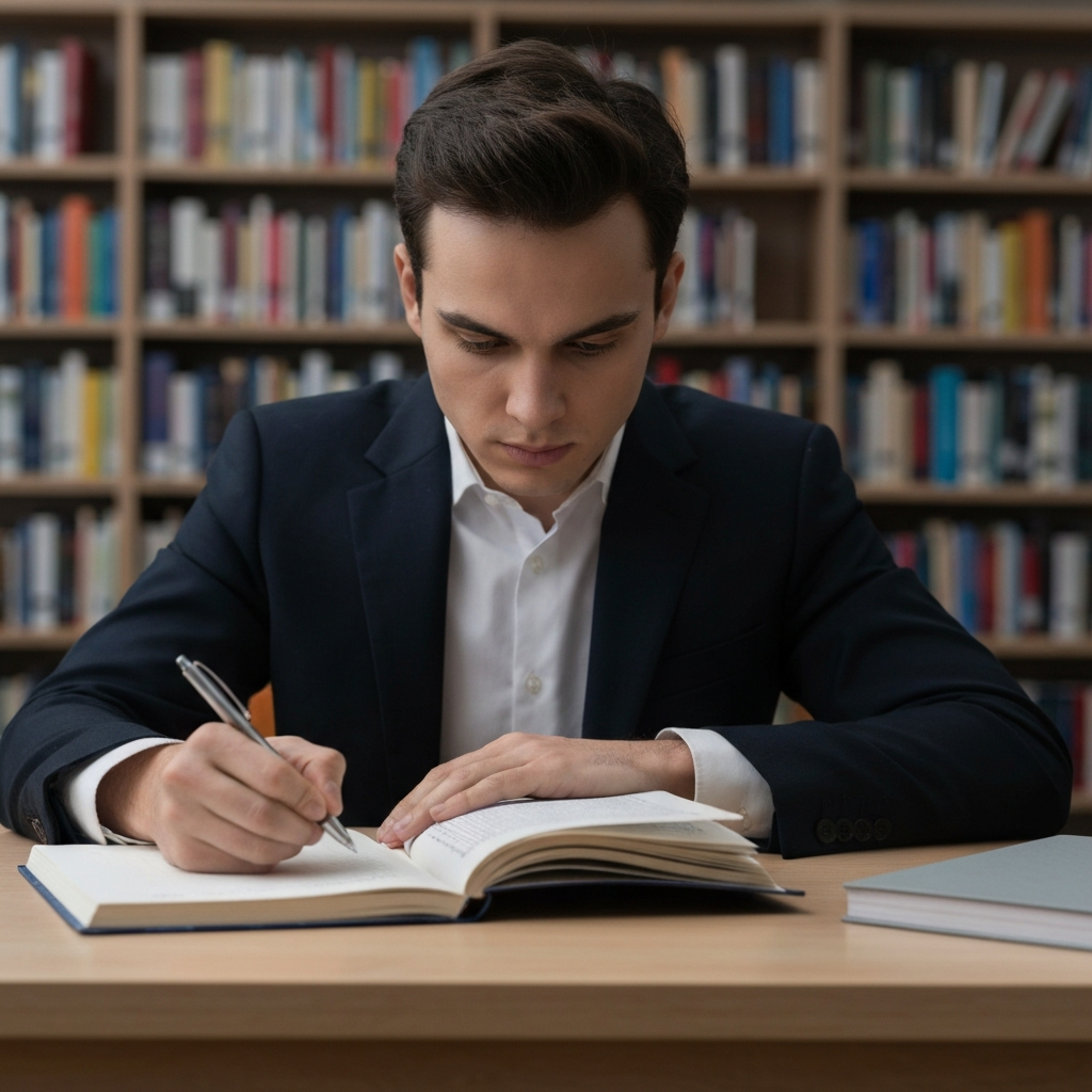 A person sitting at a library table, intensely focused on reading a book about logic and critical thinking. They are making notes in a notebook with a pen.