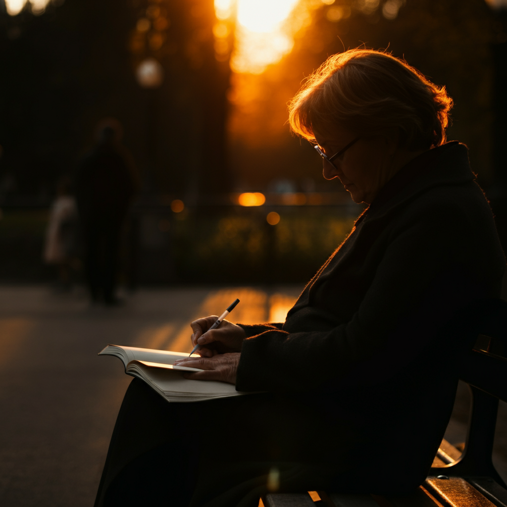 A person sitting on a park bench, writing in a journal. The sun is setting, casting a warm golden light on the scene. The background is blurred, showing trees and other park visitors.