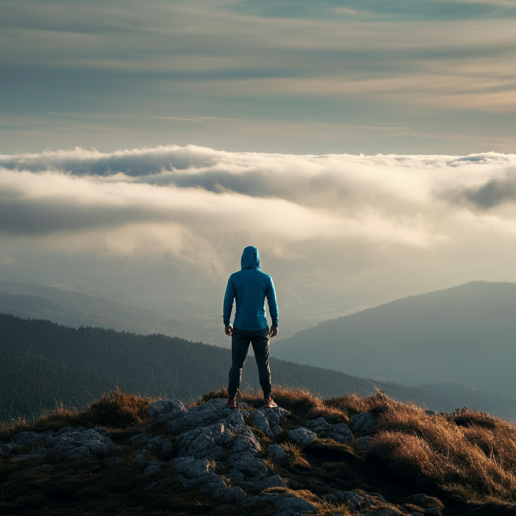 A lone figure standing on a mountaintop, looking out at a vast and expansive landscape. The sky is filled with clouds, creating a sense of mystery and awe.