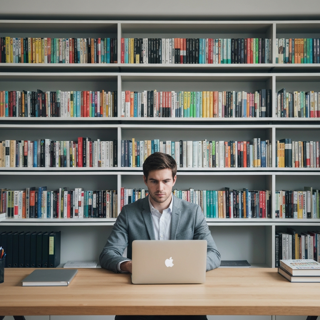 A young man sits at a desk in a well-lit home office. He is looking intently at a laptop screen, his fingers poised over the keyboard. Bookshelves filled with colorful spines line the wall behind him, creating a sense of depth and knowledge.