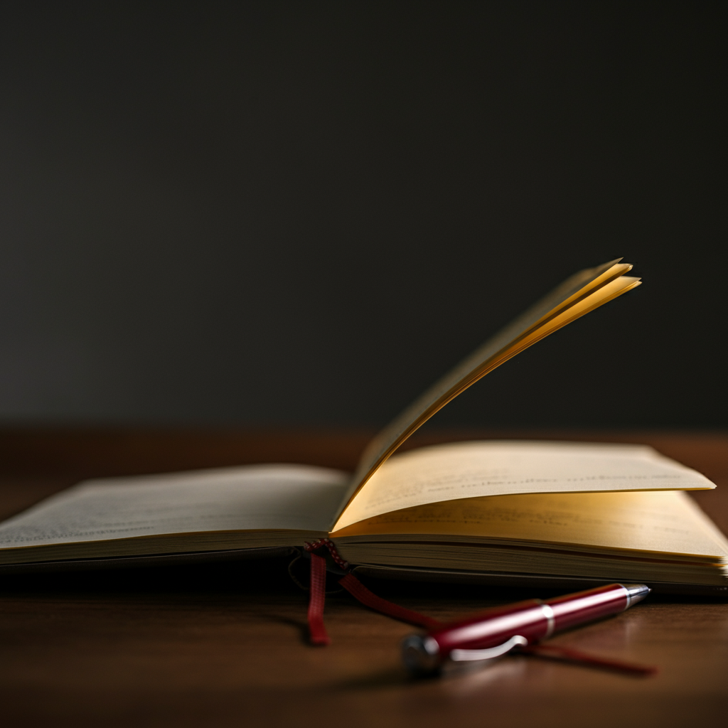Close-up shot of an open journal lying on a wooden desk. A pen rests beside it. The pages are filled with neat handwriting. The lighting is warm and inviting, with a soft focus on the texture of the paper.