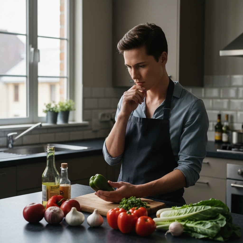 A person stands in a kitchen, surrounded by various ingredients on a countertop. They are thoughtfully examining a selection of vegetables, with a determined expression on their face. Natural light streams in from a nearby window, casting gentle shadows.
