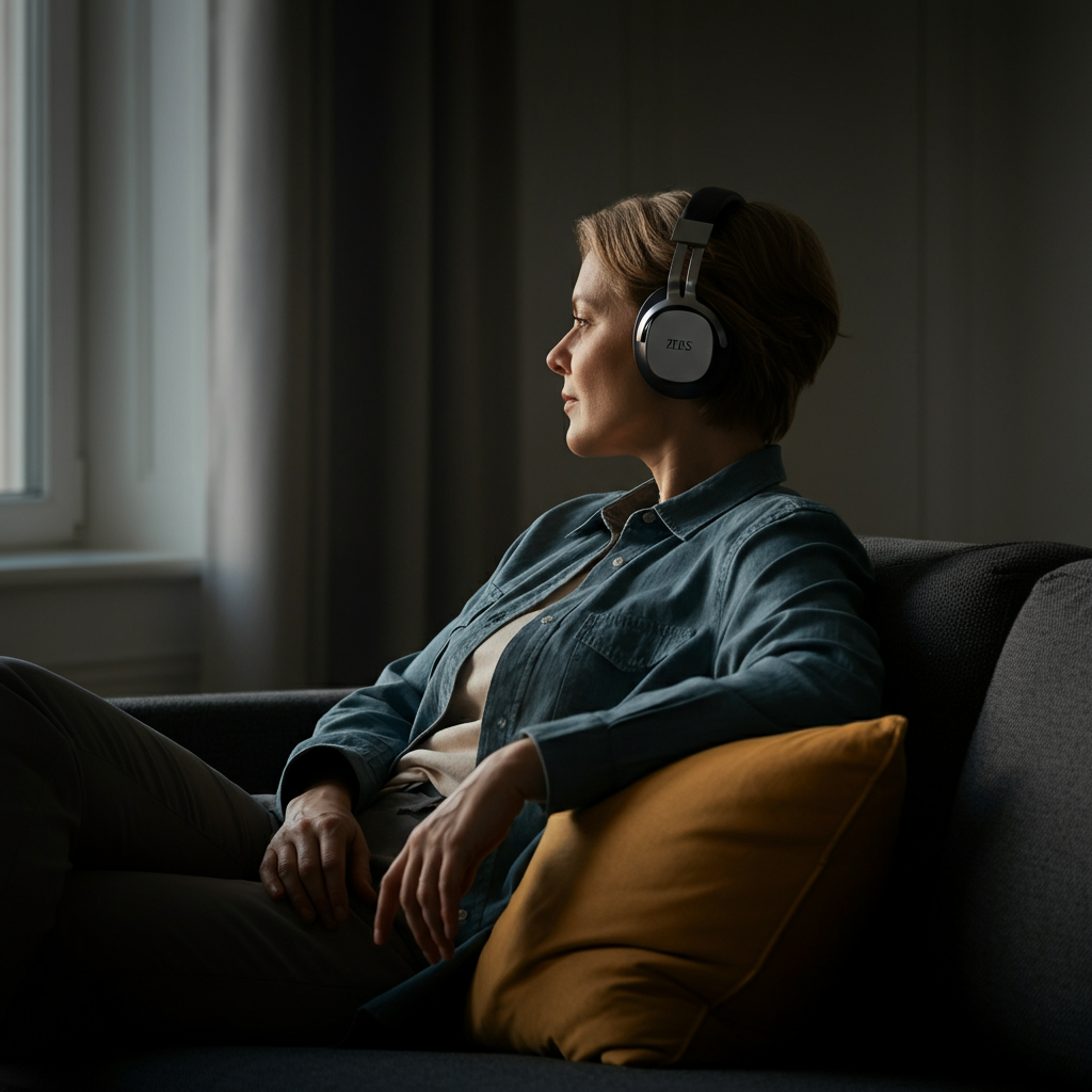 A person is sitting on a comfortable sofa, wearing headphones and looking out a window. The background is blurred to emphasize the person's focus. The scene is lit with soft, ambient light.
