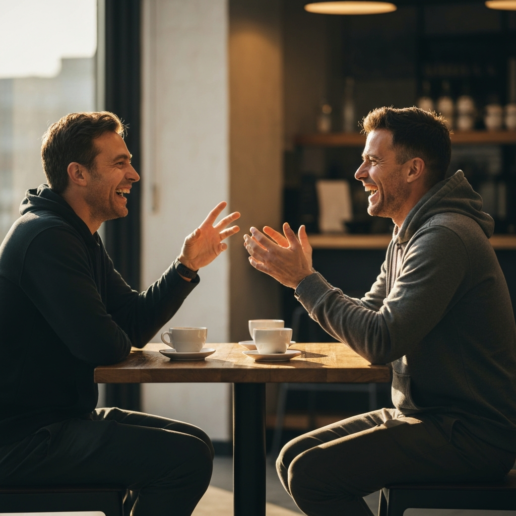 Two people are sitting at a table in a cafe, engaged in animated conversation. They are laughing and gesturing enthusiastically. The lighting is warm and inviting, and there are coffee cups on the table.