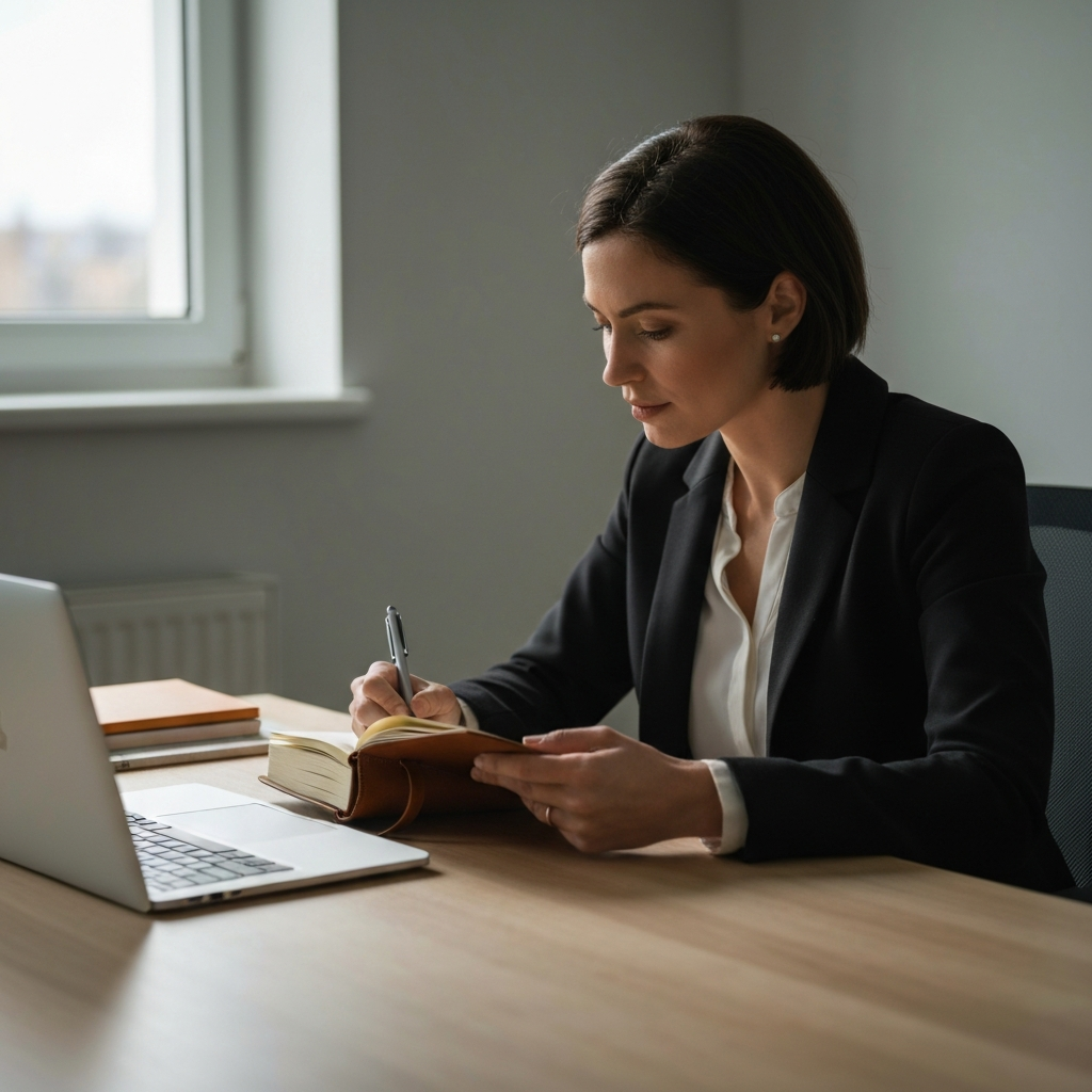A brightly lit home office. A woman sits at a clean wooden desk, reviewing notes she has taken in a leather-bound journal. A laptop is open beside the journal. Soft focus on the woman's face.
