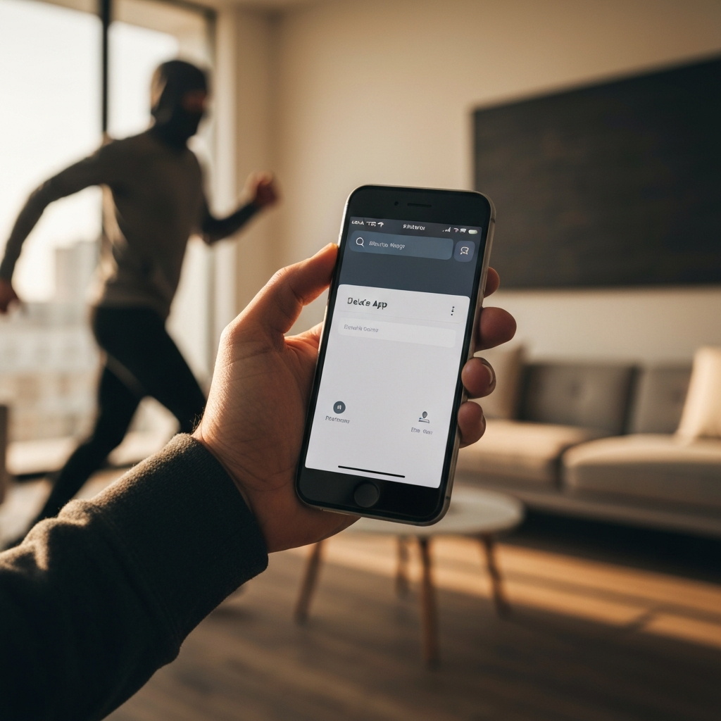 A hand holding a smartphone, with a screen displaying the "delete app" confirmation window. The background is slightly blurred, showing a modern living room.