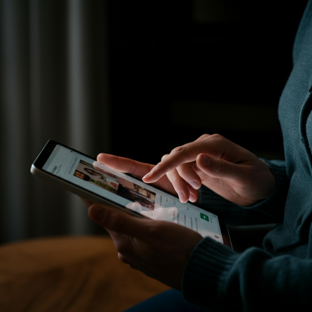 A person's hands using a tablet, scrolling through a social media feed with thoughtfully chosen content. The lighting is soft and diffused, creating a calm and focused atmosphere.