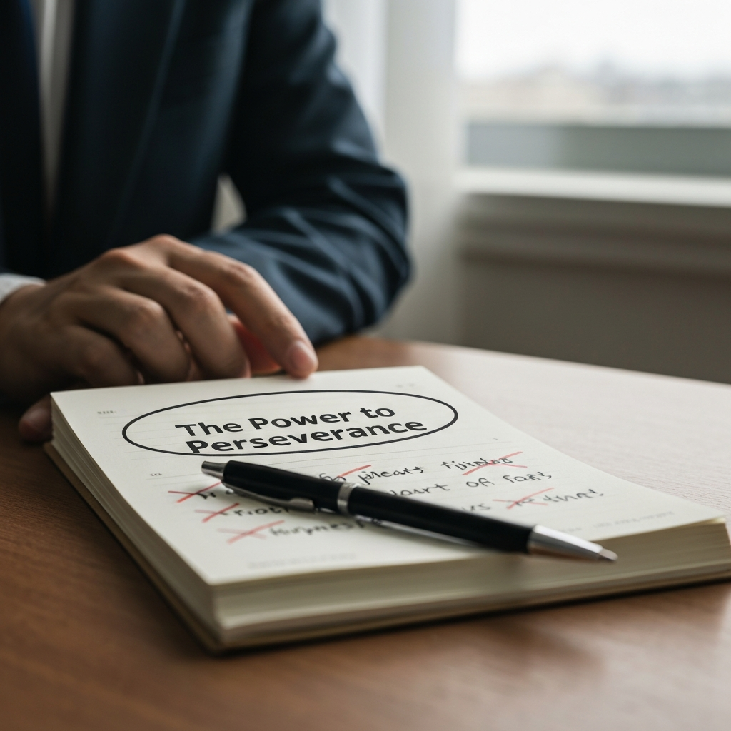 Close up of a notepad and pen on a wooden desk with a soft, diffused light coming from a nearby window. The notepad has several scribbled ideas crossed out, with one circled prominently at the top: "The Power of Perseverance". The background is blurred with a shallow depth of field.