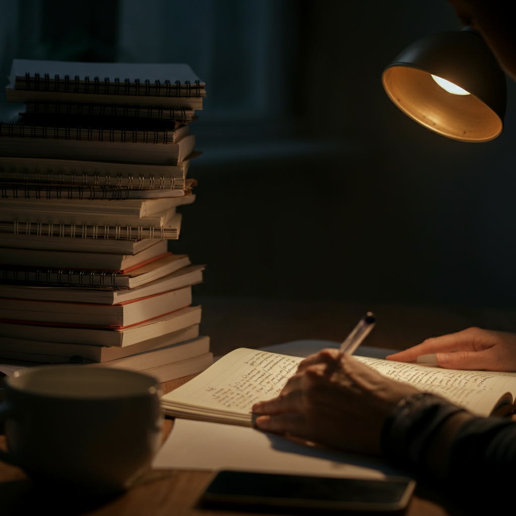 A writer is sitting at a desk, bathed in the warm glow of a desk lamp. They are surrounded by stacks of notebooks, each filled with handwritten notes and character sketches. The details on the page are slightly blurred, suggesting the writer is deep in thought.