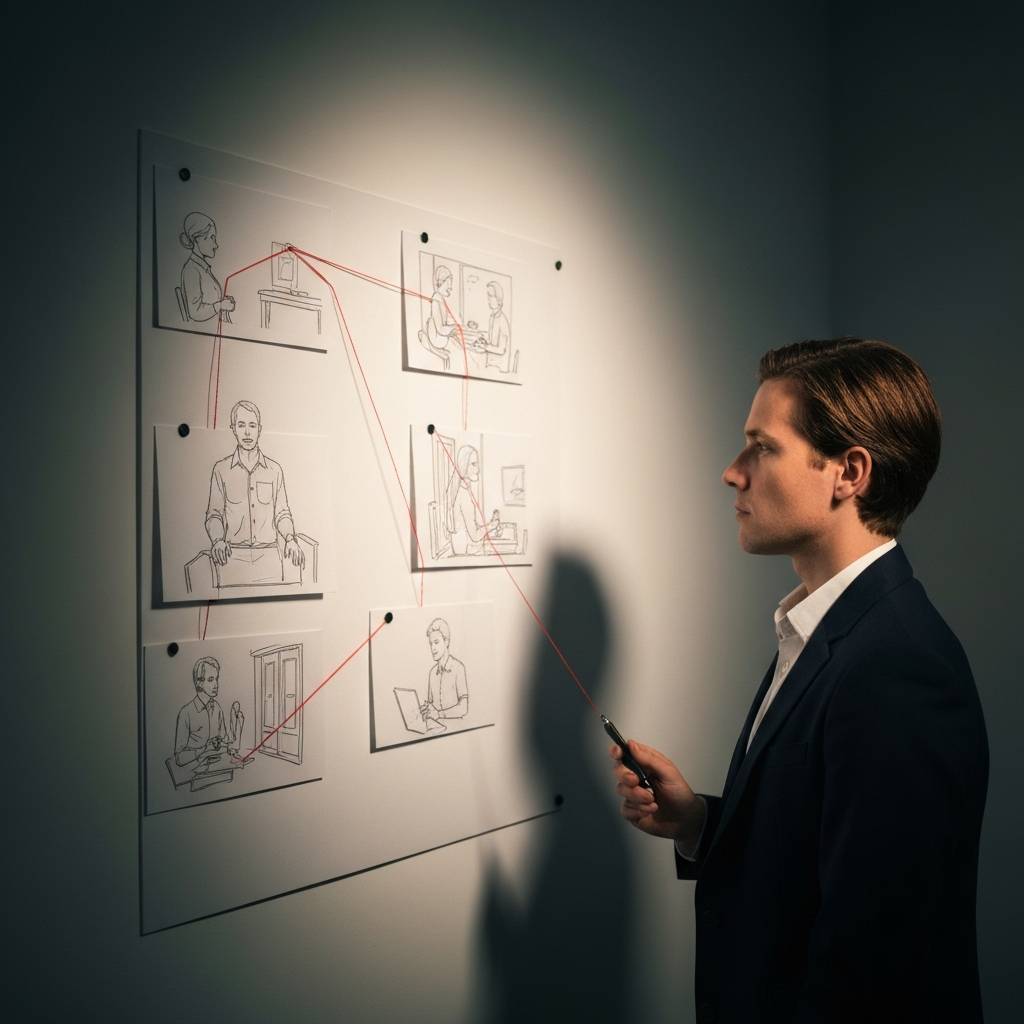A storyboard is displayed on a wall, with various scenes sketched out in individual panels. Red string connects the panels, illustrating the flow of the narrative. Soft, even lighting illuminates the storyboard.