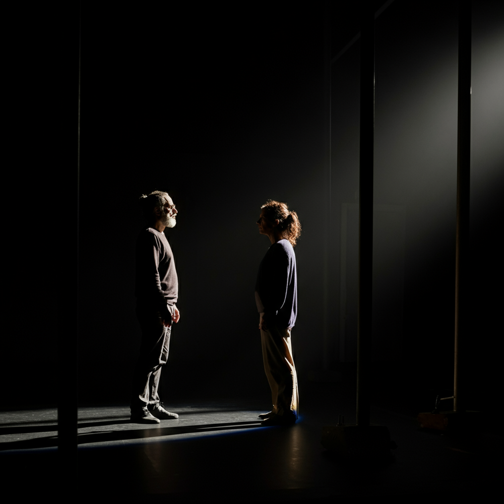 Two actors are rehearsing a scene on a dimly lit stage. They are facing each other, their expressions intense as they deliver their lines. Soft shadows create a sense of drama and intimacy.