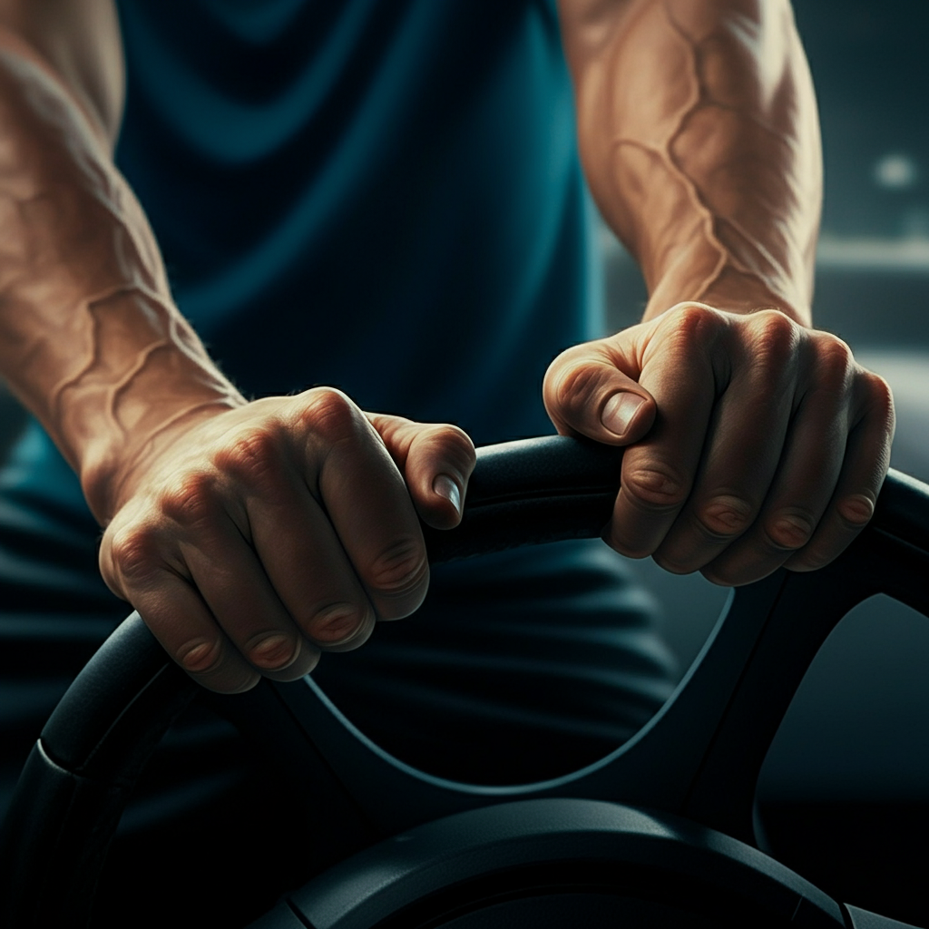 A close-up of a character's hands, tightly gripping a steering wheel. The knuckles are white, and the veins are bulging. The background is blurred, suggesting a sense of speed and urgency. The lighting is harsh and dramatic, highlighting the tension in the character's hands.