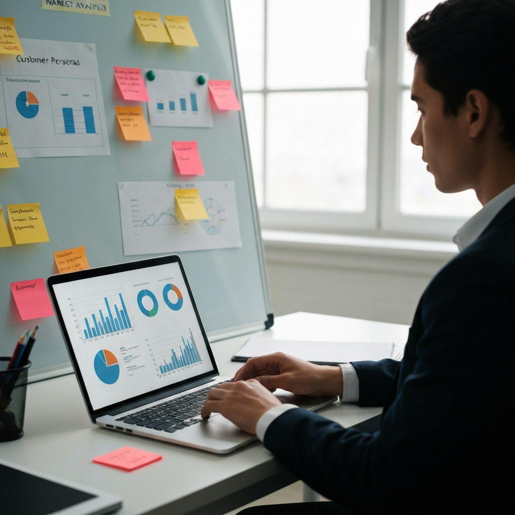 A brightly lit office space. A person wearing a smart casual outfit is looking at a laptop with charts and graphs displayed on the screen. They are surrounded by sticky notes on a whiteboard, showcasing customer personas and market analysis data.