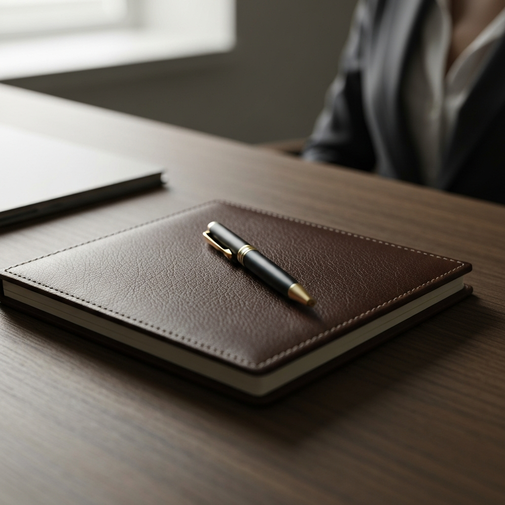 A close-up shot of a leather-bound notebook and a pen resting on a wooden desk. Soft, warm light highlights the texture of the leather and the details of the pen's design.
