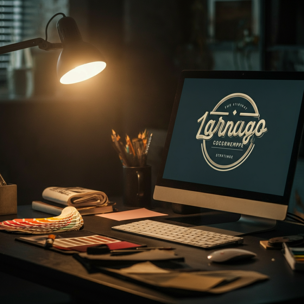 A designer's workspace, featuring color swatches, font samples, and a computer screen displaying a logo design in progress. The lighting is soft and diffused, emphasizing the creative process.