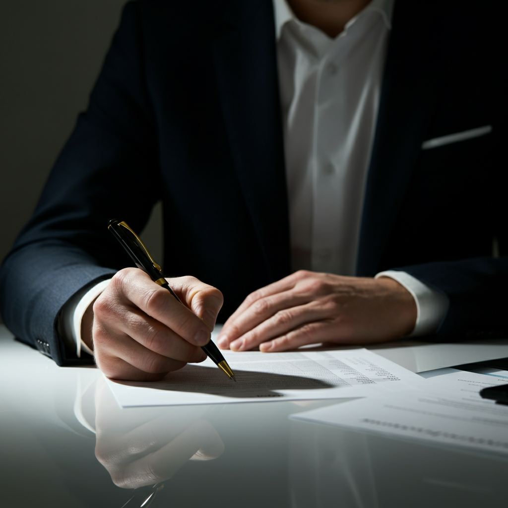 A person meticulously reviewing financial statements at a clean, modern desk. The lighting is professional, highlighting the crispness of the documents and the focused expression on their face.