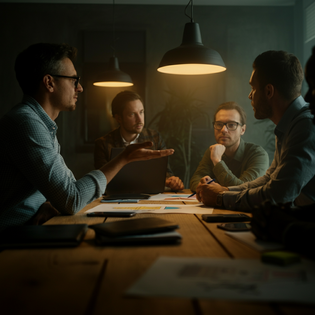 A team of marketing professionals collaborating around a table, brainstorming ideas for a new advertising campaign. The room is filled with natural light, creating a vibrant and energetic atmosphere.