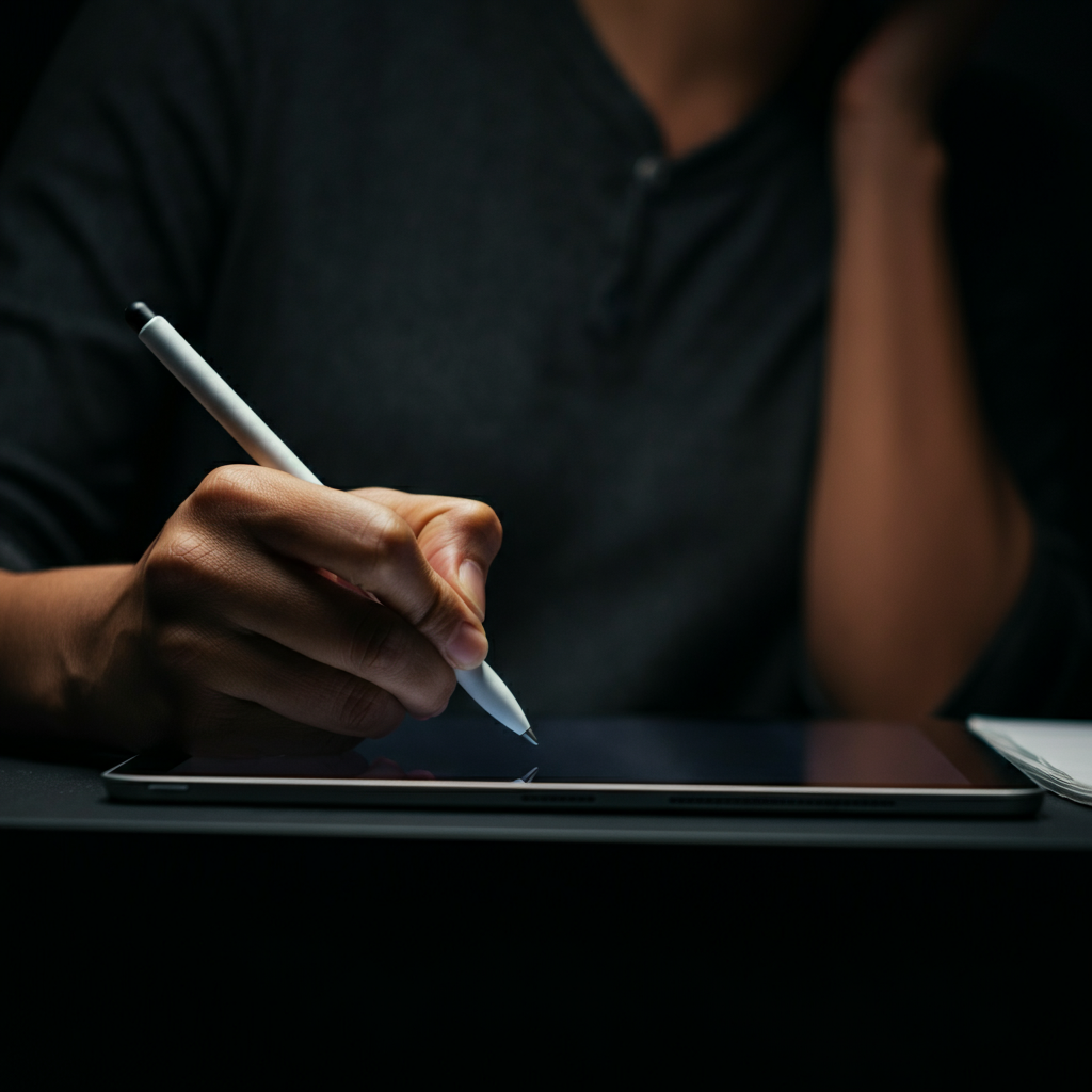 A person attending a workshop or seminar, taking notes diligently with a tablet and pen. The lighting is focused, highlighting their attentive expression.