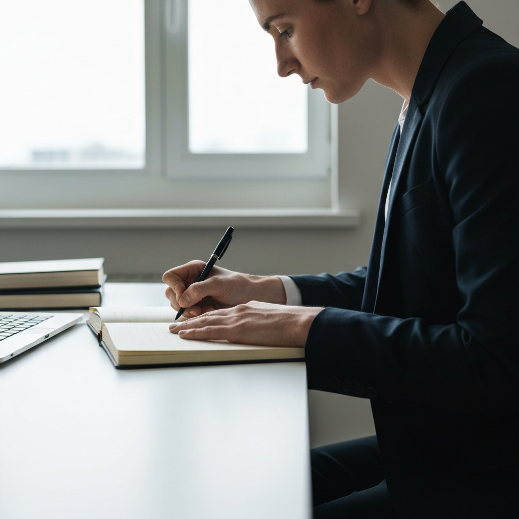 A person sitting in a brightly lit, minimalist office space, writing in a journal. Natural light streams in from a large window. Focus on the texture of the paper and the smooth surface of the desk.