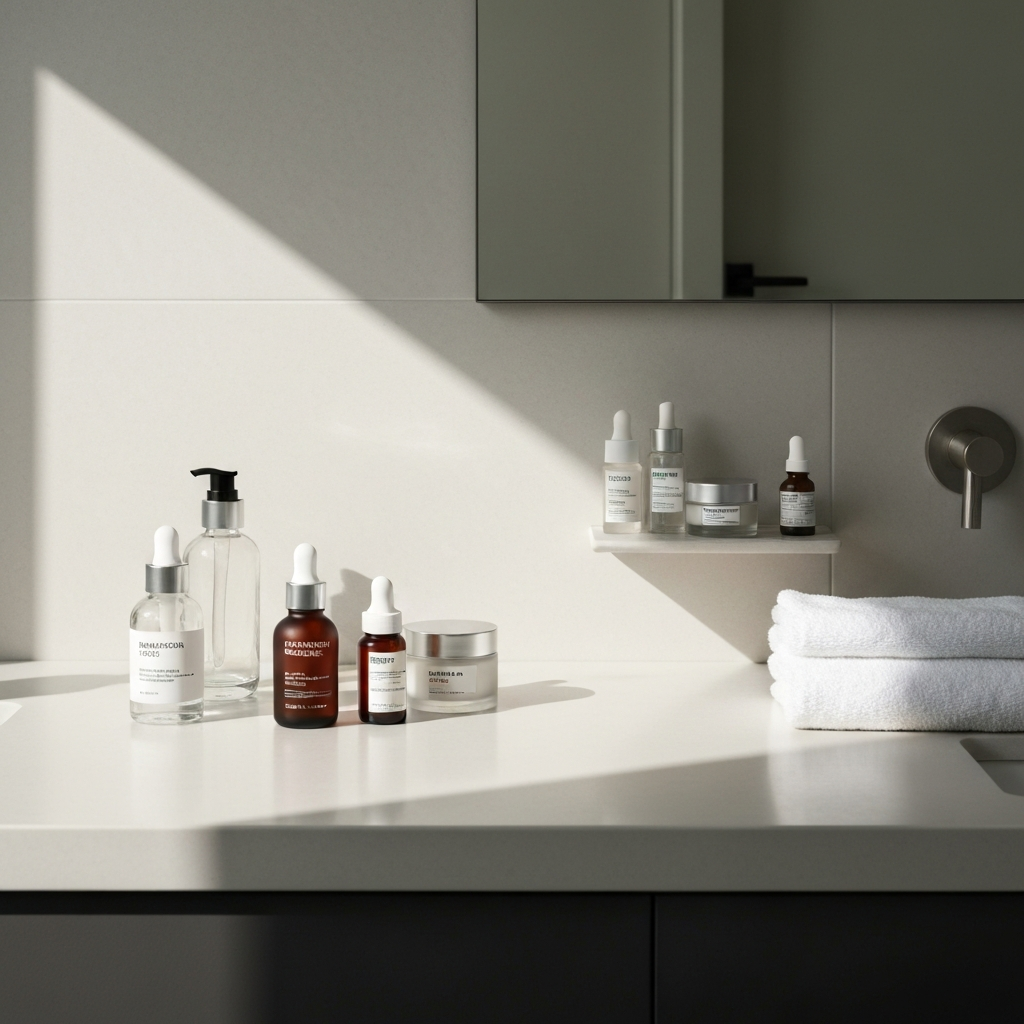 A bathroom counter with neatly organized skincare products in glass bottles. Soft, diffused light illuminates the surfaces, highlighting the textures of the creams and serums. A clean white towel is folded nearby.